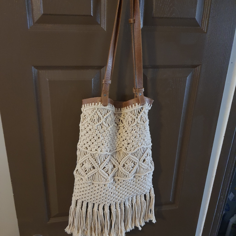 Boho Macramé Fringe Shoulder Bag - Cream with Brown Straps